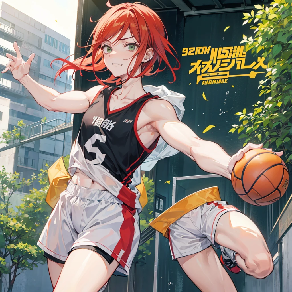 Haikyuu screenshot.
Tall boy, redhead with medium length hair, skinny but with muscles, white with a lower lip piercing on both sides, with green eyes. With an expression of mocking laughter. He is wearing the Karasuno uniform and the volleyball court is in the background.