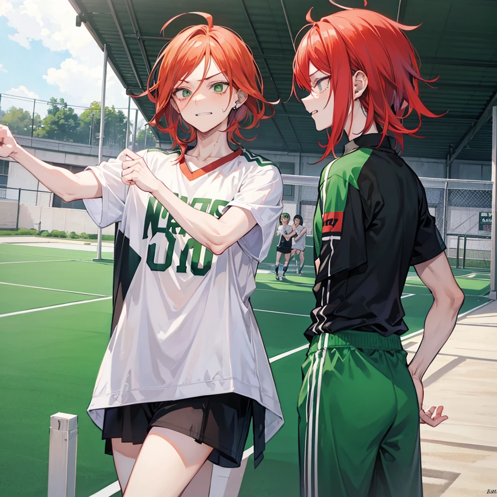 Haikyuu screenshot.
Tall boy, redhead with medium length hair, skinny but with muscles, white with a lower lip piercing on both sides, with green eyes. With an expression of mocking laughter. He is wearing the Karasuno uniform and the volleyball court is in the background.