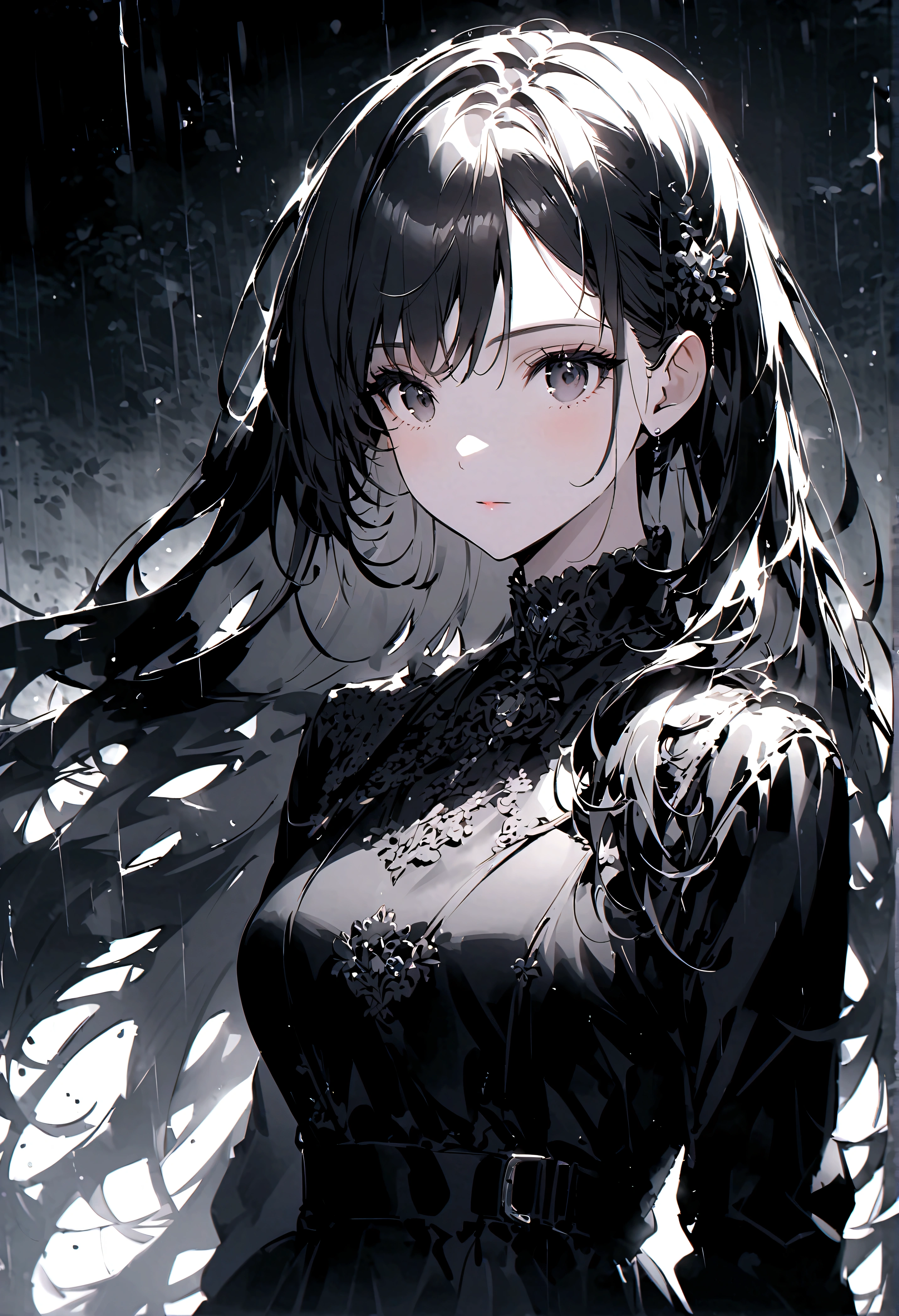 Long hair woman、Black Hair、black eyes、gloomily,moonlight,Cool,rain,((Black and white style))
