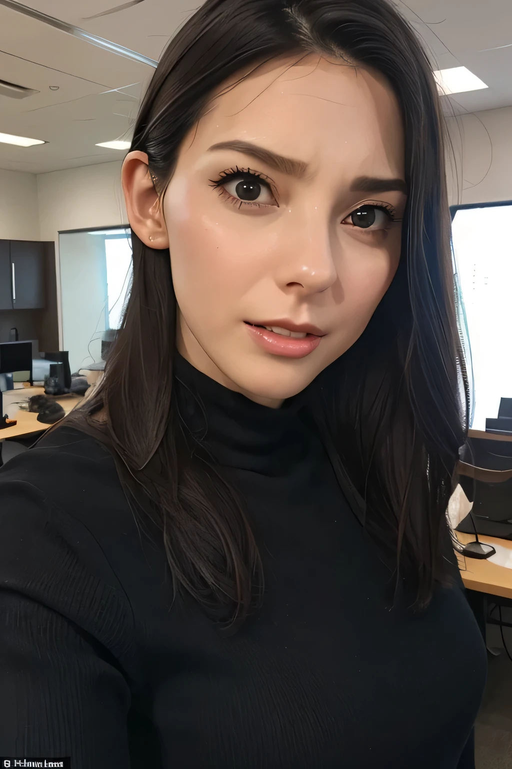 1 Girl,flying debris,,Award-winning photo, Very detailed, Edge Orgasm,Face Focus, (Open your mouth ), 30 years old、Black Hair、Shiny skin,From below、Realistic nostrils、Long and narrow nasal cavity,、Glass-walled office、(Modern interior office)、congestion、Are standing、((suit))、Big Breasts、(Sharp Nose)Frowning performance:1.4, concept,teeth,performance,facial performances,Frowning,Lift your head、very intense orgasm,frown,hyper realistic detail shiny skin,highly detailed ski,pores,real skin,