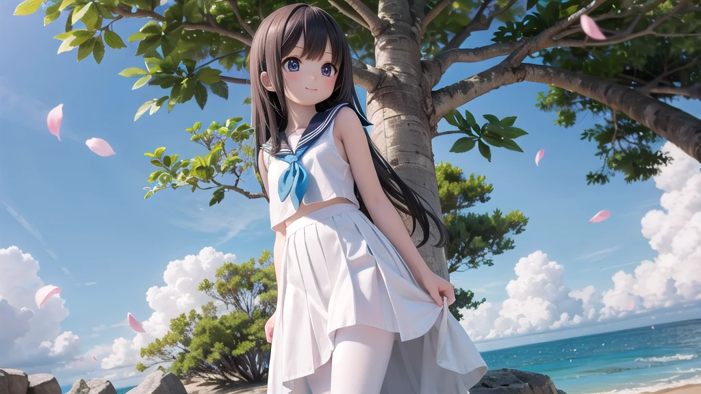 (masterpiece), town, blue sky, One Girl, Place the person on the right, smile, alone, Sailor suit、Long skirt, Overgrown, petal, plant、Skirt lining、White slip、nostalgic、White Pantyhose、I can see the ocean in the distance, Crotch close-up