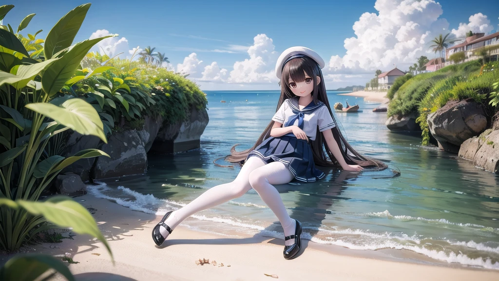 wallpaper, Clear face, (masterpiece), town, blue sky, One Girl, Place the person on the right, smile, alone, Sailor suit、Long skirt, Overgrown, petal, plant、Skirt lining、White slip、nostalgic、pantyhose（gray）、I can see the ocean in the distance, Crotch close-up