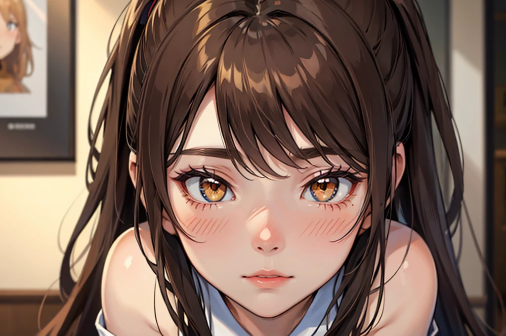 Blushing girl, first person, facing forward, golden eyes, long semi-dark brown hair.