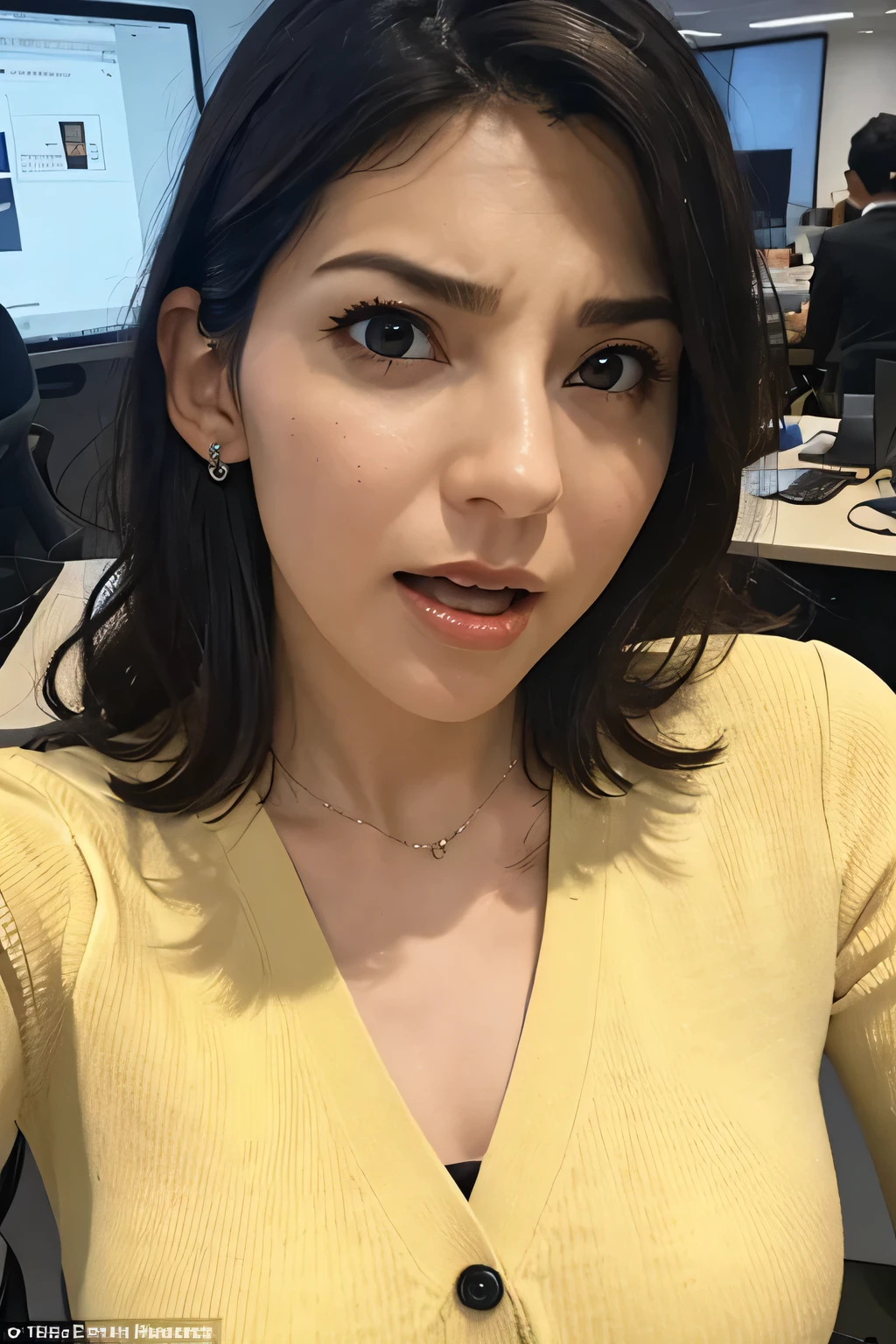 1 Girl,flying debris,,Award-winning photo, Very detailed, Edge Orgasm,Face Focus, (Open your mouth ), 30 years old、Black Hair、Shiny skin,From below、Realistic nostrils、Long and narrow nasal cavity,、Glass-walled office、(Modern interior office)、congestion、Are standing、((suit))、Big Breasts、(Sharp Nose)Frowning performance:1.4, concept,teeth,performance,facial performances,Frowning,Lift your head、very intense orgasm,frown,hyper realistic detail shiny skin,highly detailed ski,pores,real skin,