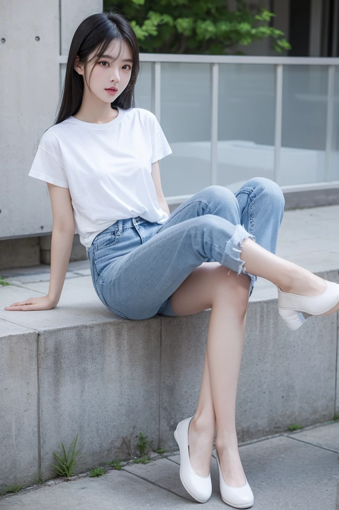 Beauty、Height 172 cm、Weight 50kg、cute、reality、good body shape、Usually exercise、Not revealingly dressed、Wear flat shoes、White T-shirt、fitted blue jeans、People from Taipei, Taiwan、Pure and elegant beauty、Not coquettish