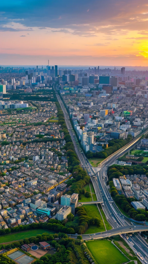 a view of a city with tall buildings and a green park, a picture by Naondo Nakamura, unsplash, sōsaku hanga, tokyo japan, arafed view of a field of flowers with a sunset in the background, floral sunset, warm beautiful scene, beautiful sunrise, flowers sea everywhere, sunset warm spring, beautiful sunset, magnificent background, vibrant sunrise, beautiful sunset glow, breathtaking landscape, stunning sunset, field of flowers, at sunrise in springtime, sunset glow, beautiful sunrise lighting, flower field, sunset sunrise tokyo city, tokyo city in the background, tokio, tokyo, japanese city, tokyo prefecture, new tokyo, aerial view of a city, tokyo in the background, bird's eye view of a city