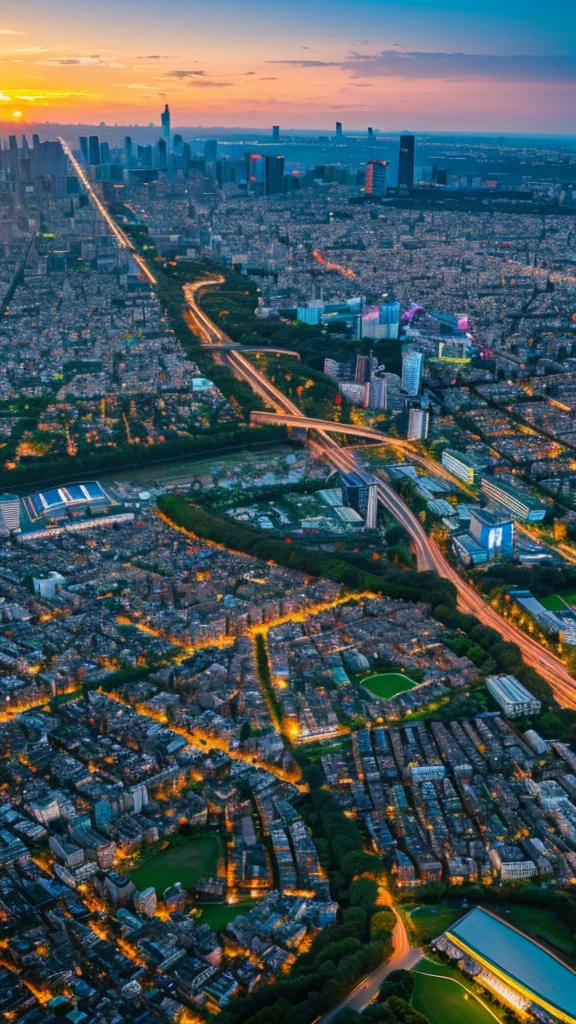 a view of a city with tall buildings and a green park, a picture by Naondo Nakamura, unsplash, sōsaku hanga, tokyo japan, arafed view of a field of flowers with a sunset in the background, floral sunset, warm beautiful scene, beautiful sunrise, flowers sea everywhere, sunset warm spring, beautiful sunset, magnificent background, vibrant sunrise, beautiful sunset glow, breathtaking landscape, stunning sunset, field of flowers, at sunrise in springtime, sunset glow, beautiful sunrise lighting, flower field, sunset sunrise tokyo city, tokyo city in the background, tokio, tokyo, japanese city, tokyo prefecture, new tokyo, aerial view of a city, tokyo in the background, bird's eye view of a city