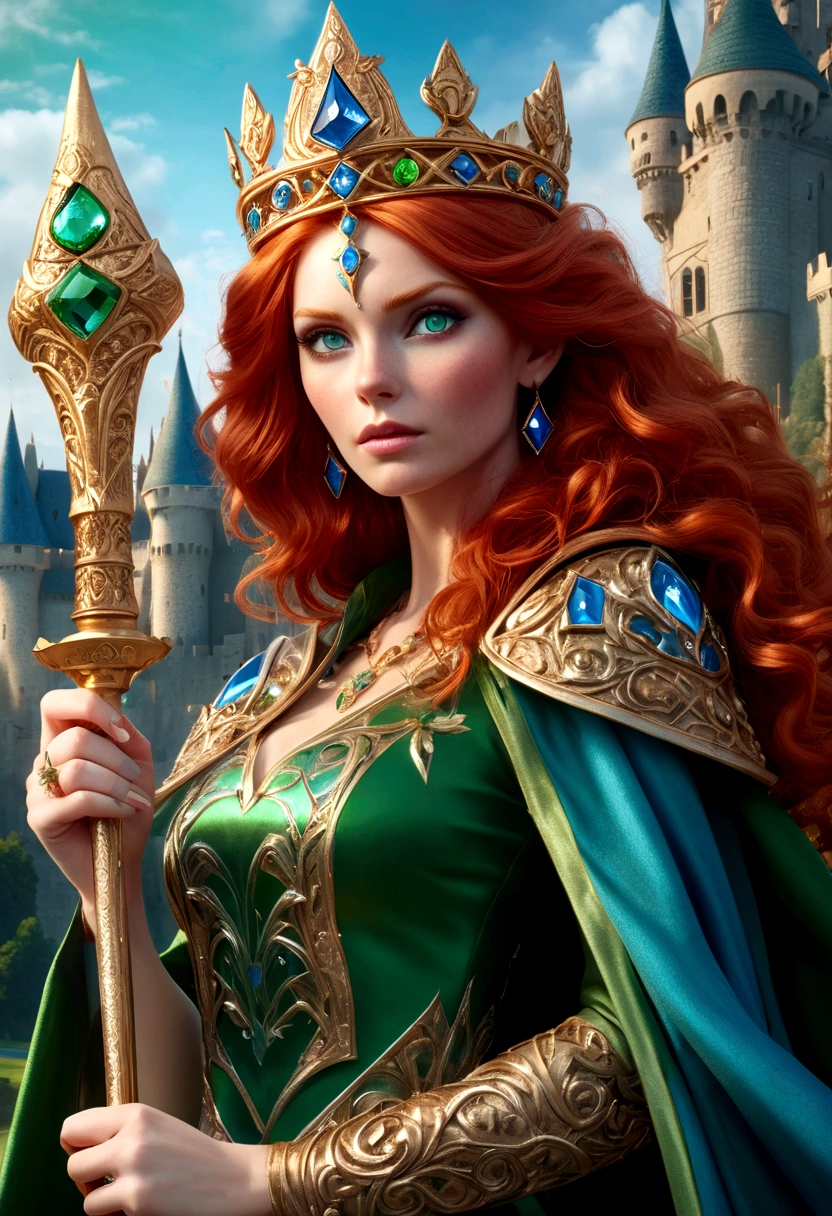 a beautiful detailed red-haired woman, intense green eyes, blue eyeshadow, ornate crown, holding a magical scepter, fantasy castle, (best quality,4k,8k,highres,masterpiece:1.2),ultra-detailed,(realistic,photorealistic,photo-realistic:1.37),intricate details,vibrant colors,dramatic lighting,cinematic composition,digital painting