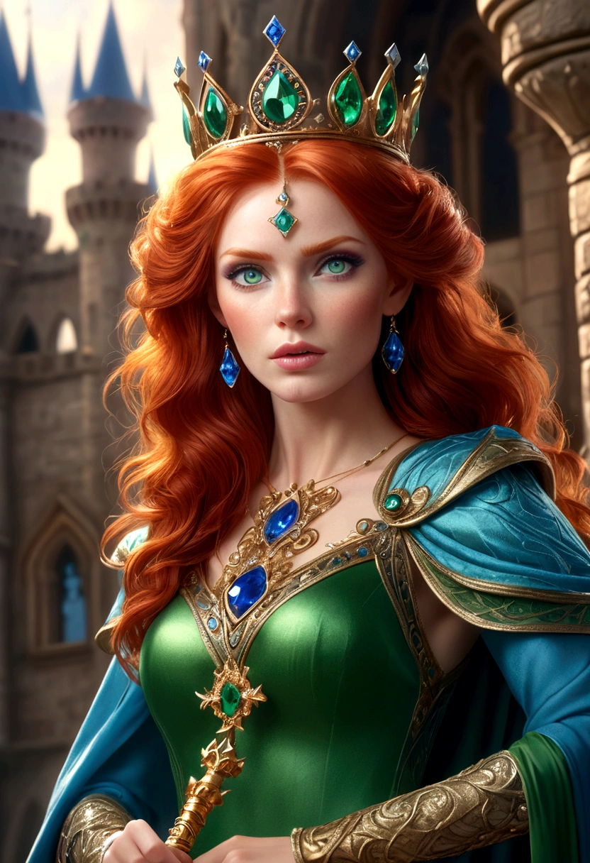 a beautiful detailed red-haired woman, intense green eyes, blue eyeshadow, ornate crown, holding a magical scepter, fantasy castle, (best quality,4k,8k,highres,masterpiece:1.2),ultra-detailed,(realistic,photorealistic,photo-realistic:1.37),intricate details,vibrant colors,dramatic lighting,cinematic composition,digital painting