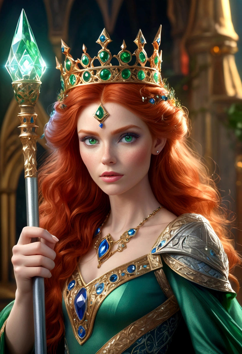 a beautiful detailed red-haired woman, intense green eyes, blue eyeshadow, ornate crown, holding a magical scepter, fantasy castle, (best quality,4k,8k,highres,masterpiece:1.2),ultra-detailed,(realistic,photorealistic,photo-realistic:1.37),intricate details,vibrant colors,dramatic lighting,cinematic composition,digital painting