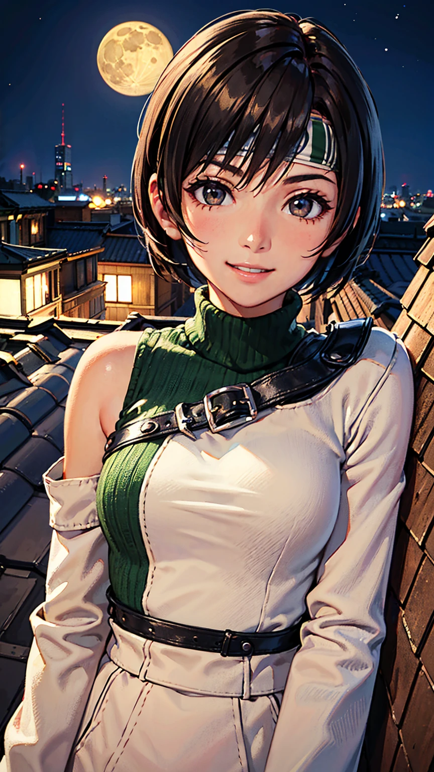 8K quality,(super masterpiece:1.3),Highest quality,Detailed Images,The real picture,Natural lighting,symmetrical beauty,1 female,Yuffie Kisaragi,20-year-old,(微smile,smile,smile),Hairstyle(short hair),head band,turtleneck,No sleeve,(very cute:1.3),background(On the roof,rooftop,night,full moon),(Face directly towards the camera,Looking directly at the viewer,looking at the camera,The body faces the viewer,The body is facing the direction of the camera,Face looking straight into the camera).