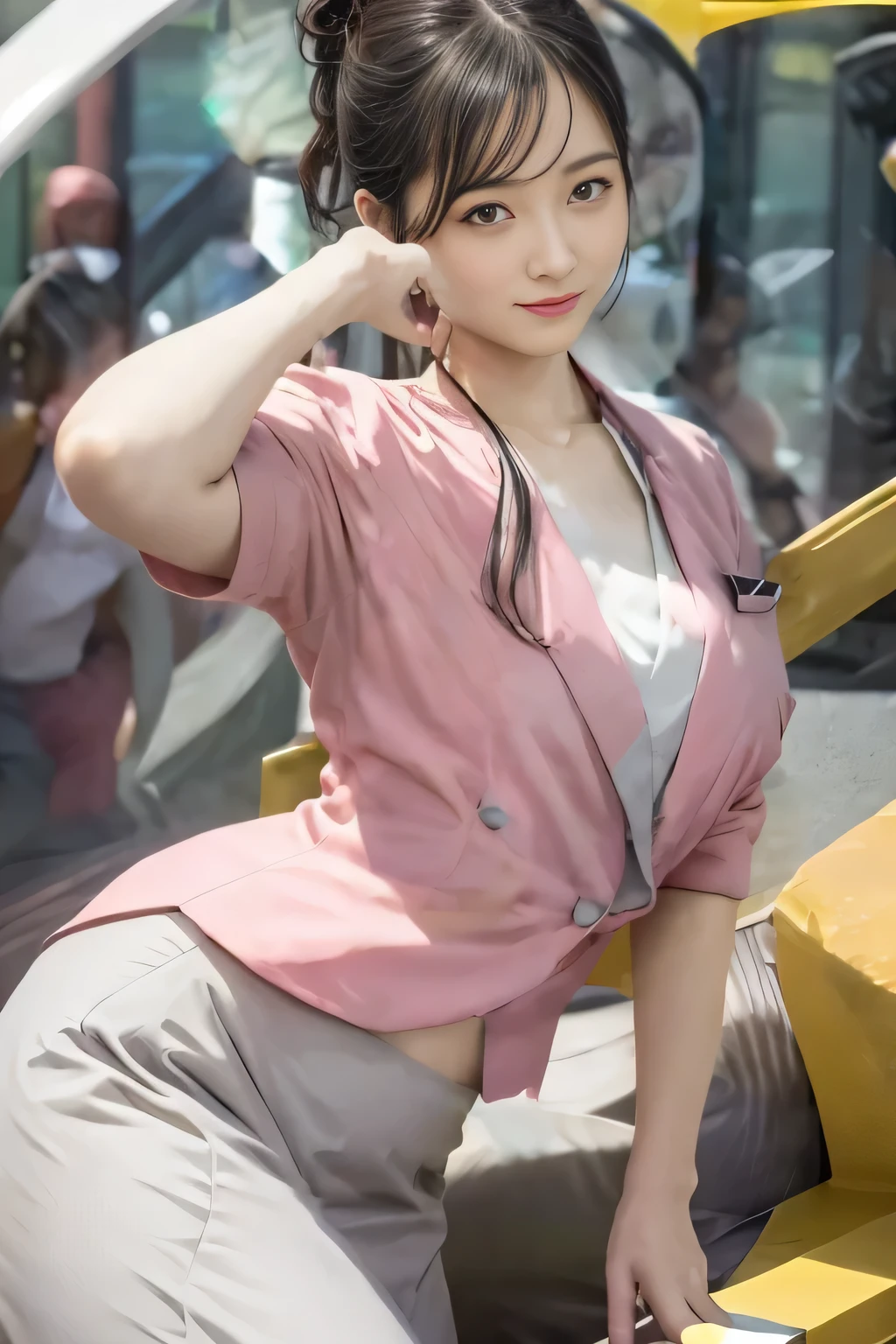 Showing your belly button、(masterpiece:1.2, Highest quality:1.2), 32k HDR, High resolution, (alone、1 girl)、 (Height: 160cm)、(On the rooftop of a building in the daytime、Professional Lighting)、Building rooftop background、(Nankai train crew uniform pinkを着たリアルスタイル)、(Nankai train crew uniform pink short sleeve collarless pink jacket、Nankai Train Crew Uniform Pink Collarless Short Sleeve Blouse、Nankai Train Crew Uniform Pink Grey Knee-length Culottes)、(The pink jacket is showing from the culottes.)、Dark brown hair、(Hair tied up、Hair tied up、Evening curly hairstyle)、Dark brown hair、Long Shot、Big Breasts、Thin legs、((Great hands:2.0)),((Harmonious body proportions:1.5)),((Normal limbs:2.0)),((Normal finger:2.0)),((Delicate eyes:2.0)),((Normal eyes:2.0)))、smile、(Nankai Train Crew Uniform Pink Grey Knee-length Culottesを見せた美しい歩く姿)、Place your hands around your stomach、Lanyard employee ID card