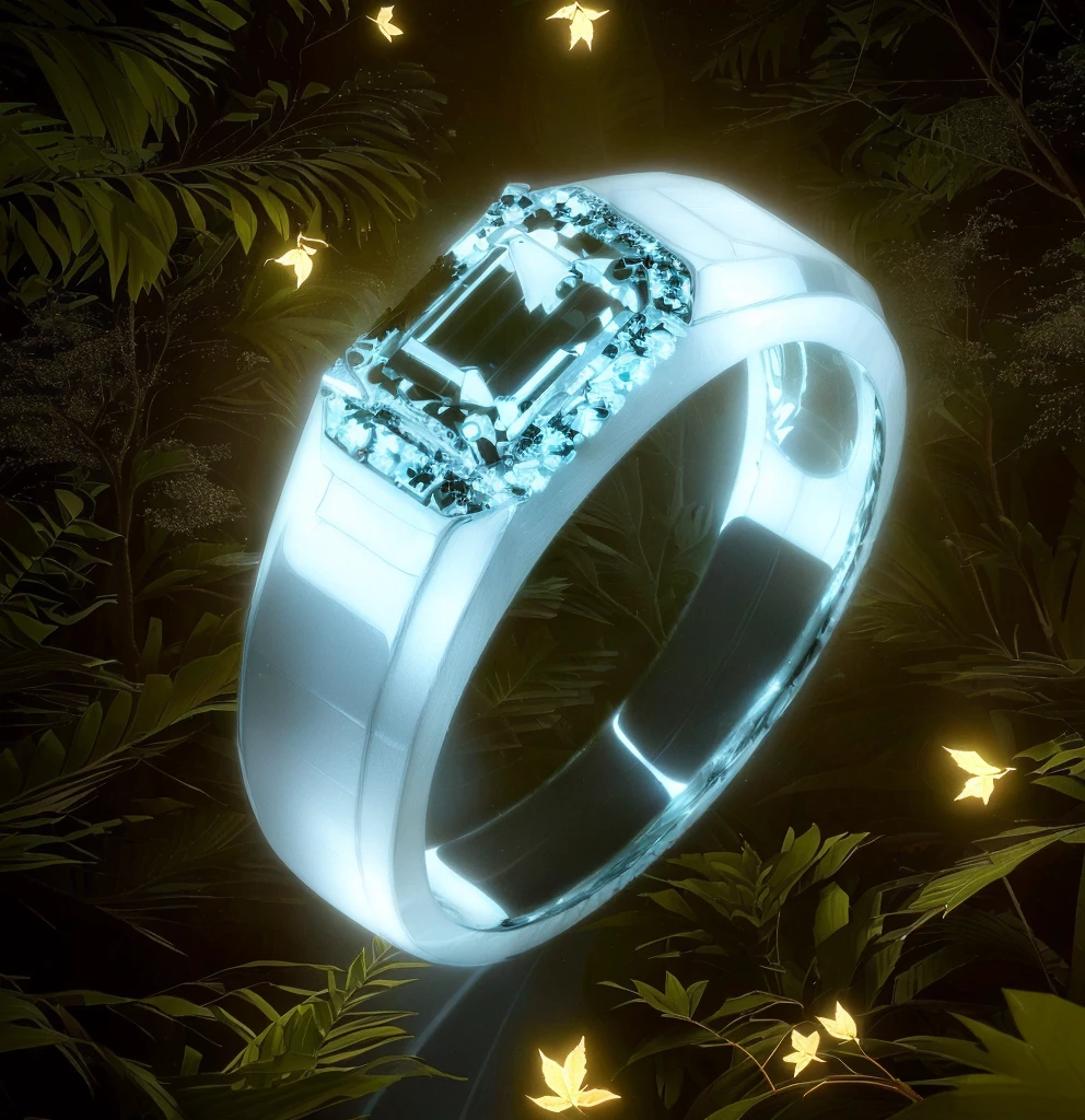 best quality,Extremely beautiful and best reflection effect。(Very detailed CG unity 8k wallpaper)(best quality)(Best shadow)Forest theme with white elements。,Tall trees,Glowing cool mushroom,Surrounded by delicate foliage)There are also fireflies and glowing grain effects(Jungle theme)()(middle)Isometric 3D Octane