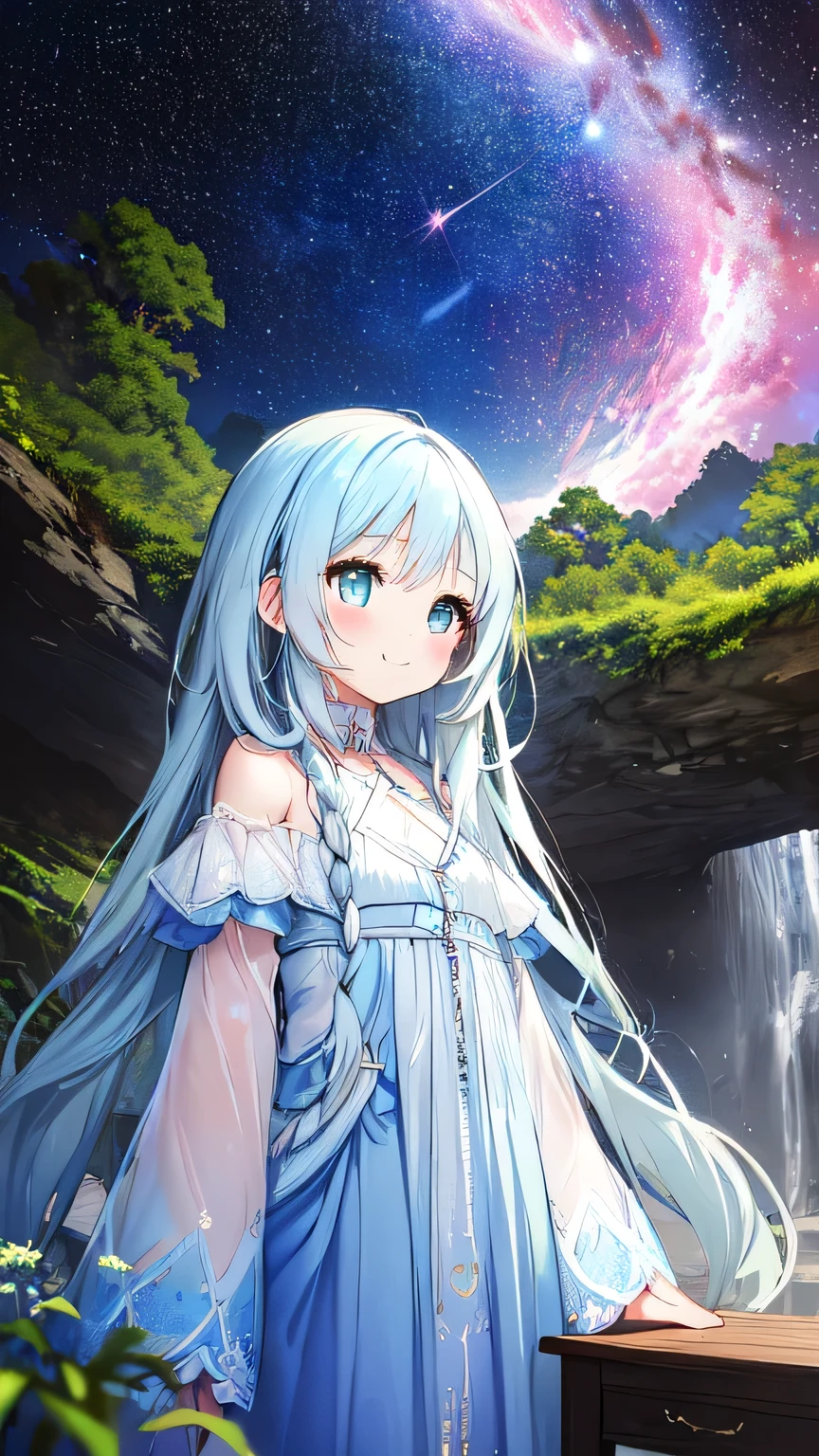 ​masterpiece, best quality, extremely detailed, (illustration, official art:1.1), 1 girl ,(((( light blue long hair)))), ,(((( light blue long hair)))),light blue hair,loli, long hair ((blush)) , cute face, big eyes, masterpiece, best quality,(((((a very delicate and beautiful girl))))),Amazing,beautiful detailed eyes,blunt bangs((((little delicate girl)))),tareme(true beautiful:1.2), sense of depth,dynamic angle,,,, affectionate smile, (true beautiful:1.2),,(tiny 1girl model:1.2),)(flat chest),masterpiece、（（a beauty girl、One-piece high-detail embroidery、Face to shoulder、hair adornments、Twin-tailed））、Background with((Fantastic starry sky、meteors、black hole))、Depth((Mysterious giant tree、Luminescent、plants))、
