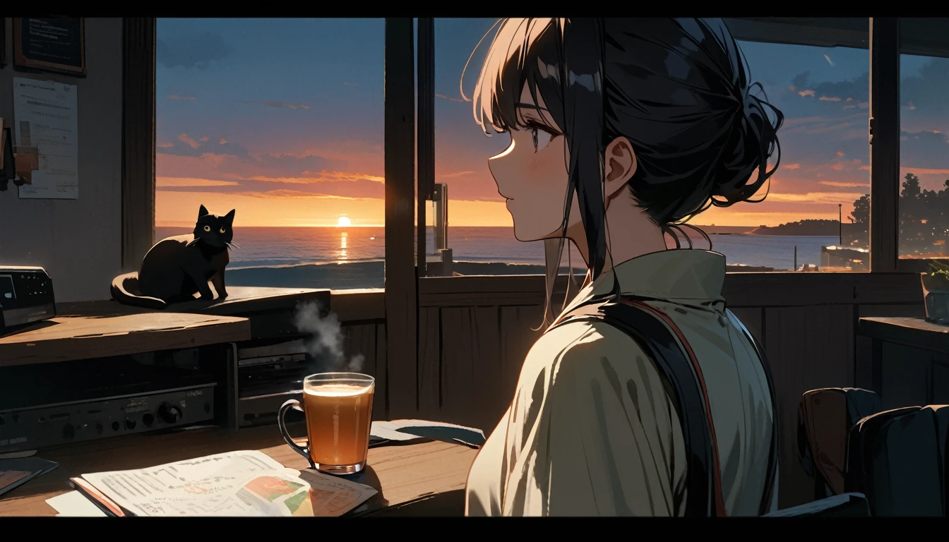 ((8k of extremely detailed CG unit, Masterpiece, high resolution, highest quality, highest quality real texture skin)), (((shoot from behind))), (((Black cat))), ((1 cat)), ((Watching the sunset in a cozy cafe)), ((computer)), ((Sunset beach from the big window))
