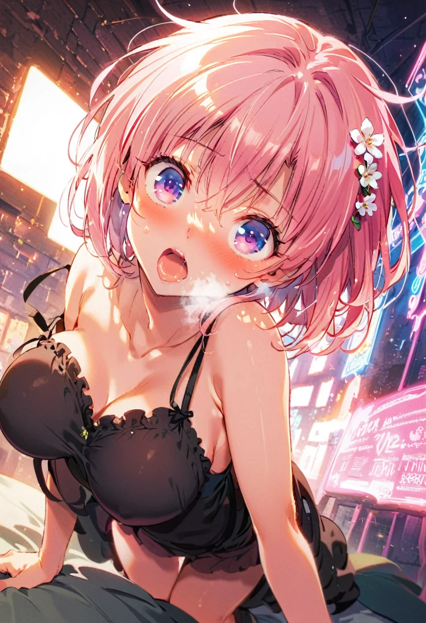 (Perfect Face, Detailed face, Beautiful Eyes,Perfect hands,Perfect Fingers)、Red face、((vapor))、hot、Momo Juvenile Deviluke, Ph Momo, Maternal, Foot, alone, 1 Girl, Pink Hair, Purple eyes, short hair, Hair Flowers, Big eyes, Masturbation,A flushed expression、Dirty face、Grin、Drooling、((Love Hotel))、 (masterpiece:1.2, Highest quality), (細かくてBeautiful Eyes: 1.2), (Beautiful and dense face), (Sharp facial hair between the eyes)、(About white panties, Camel Toe), , Grinding, Transparent panties,On all fours、Large Breasts、Neon lighting、Looking up、Glare、Heavy breathing、Broken look、Going crazy、shout、Ahegao