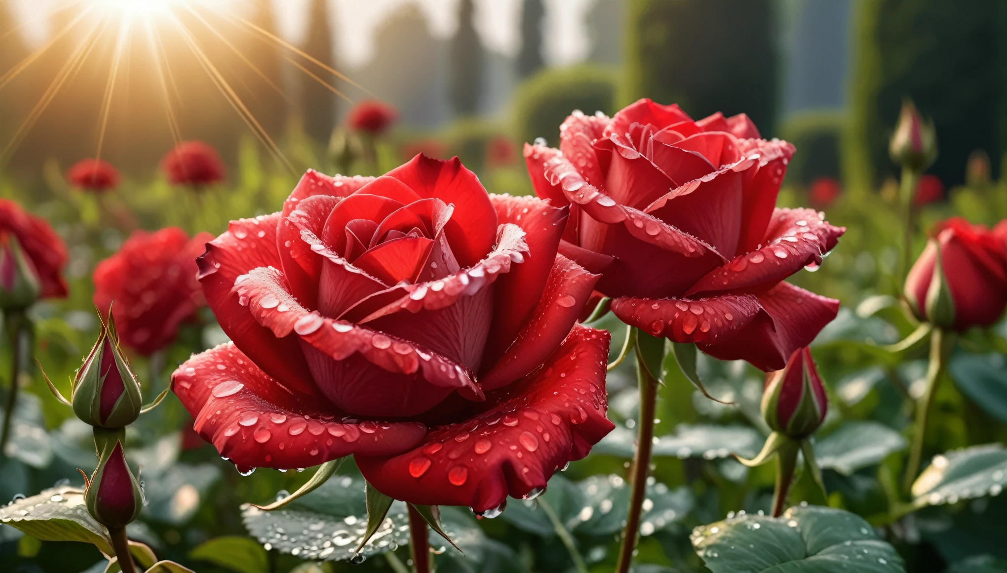 Many red color rose flowers in the garden and sunlight with bokeh, dew drops on flower petals,automatic optional scene (masterpiece, ultra quality, high resolution, 8k, intricate: 1.2), (masterpiece), (best quality:1)