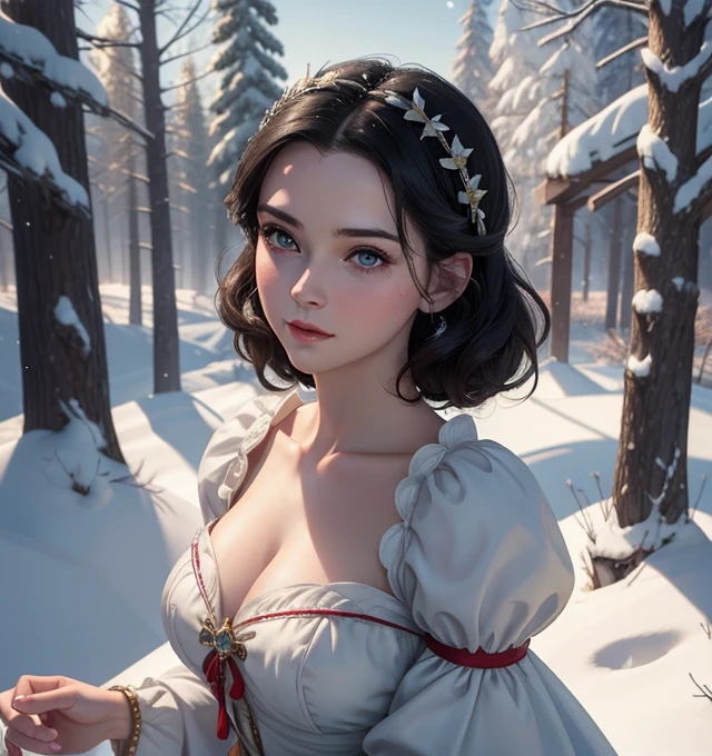 one woman, short black hair, snow white, lingerie, in a forest, sexy pose, sexy body, well defined body, detailed body, high quality, masterpiece, 4k, red headband, snow white from fairy tales, Brown eyes