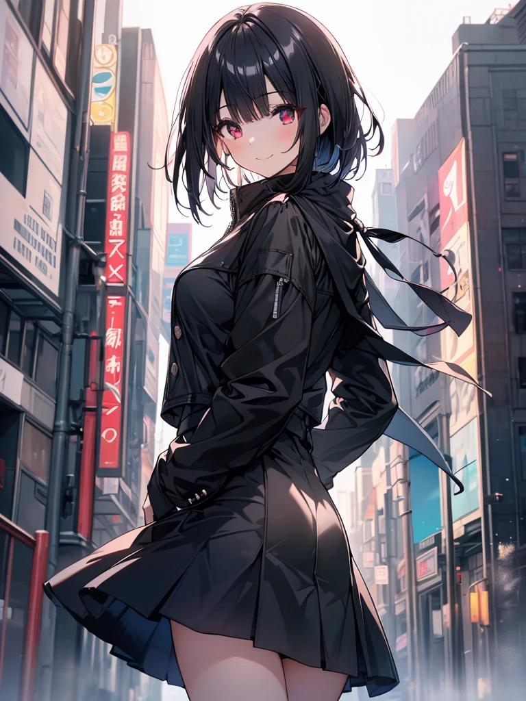 (masterpiece, highest quality, highest quality, (No text), Beautiful and aesthetic:1.2),No text,アニメ、 high resolution BREAK,One Girl,Short black hair Tree Eyes Beautiful eyes Red eyes Cool girl smile Black Coat mini skirt Whole body Detailed eyes and face Night in the city