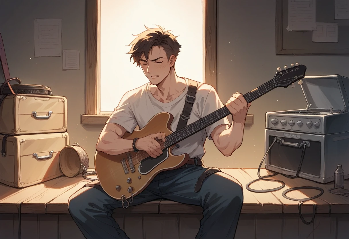 A western cowboy is playing guitar on a ranch.