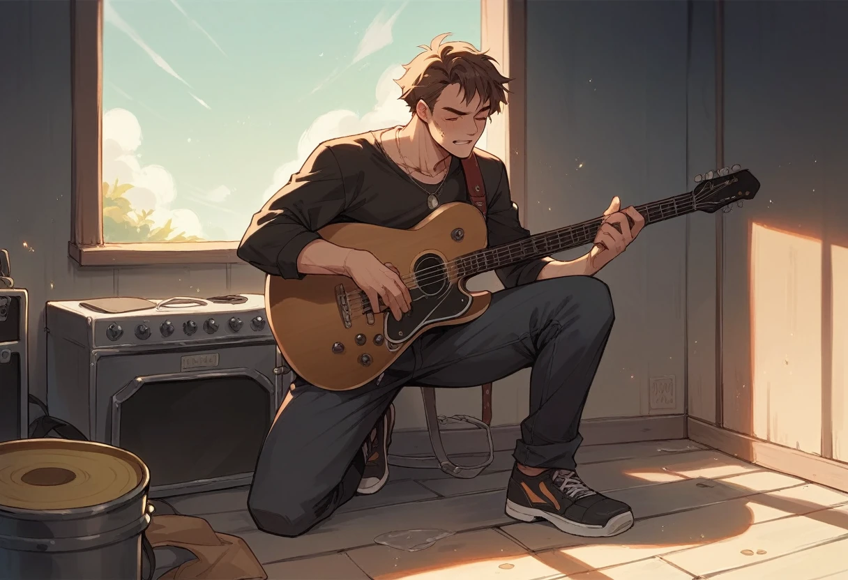A western cowboy is playing guitar on a ranch.