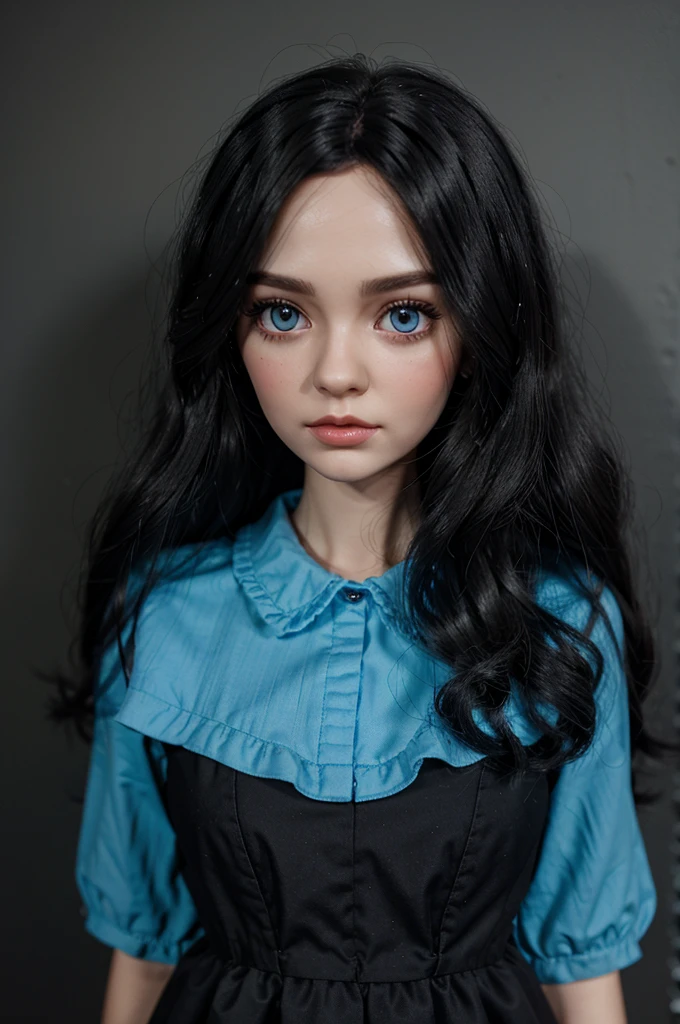 blythe doll with ash dark mix black eyes and wavy black hair and blue dress