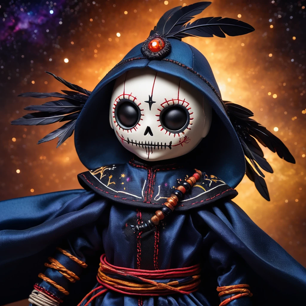 (knitted toy voodoo doll:1.9), (Voodoo Crow:1.7), (Clothing: robes woven from shadows and starlight, adorned with constellations of dark matter:1.5), (Accessories: obsidian scepter crackling with dark energy, amulet of cosmic entropy, mask veiled in swirling nebulae:1.7), (background: cosmic void with distant galaxies and clusters of pulsing black holes:1.6), best quality, masterpiece, detailed soft oil painting, detailed background, dramatic cinematic lighting, soft edge lighting, professional, dramatic lighting, hard edge lighting, ultra quality, 4k,masterpiece, best quality, 8k, ultra highres, highres, extremely detailed