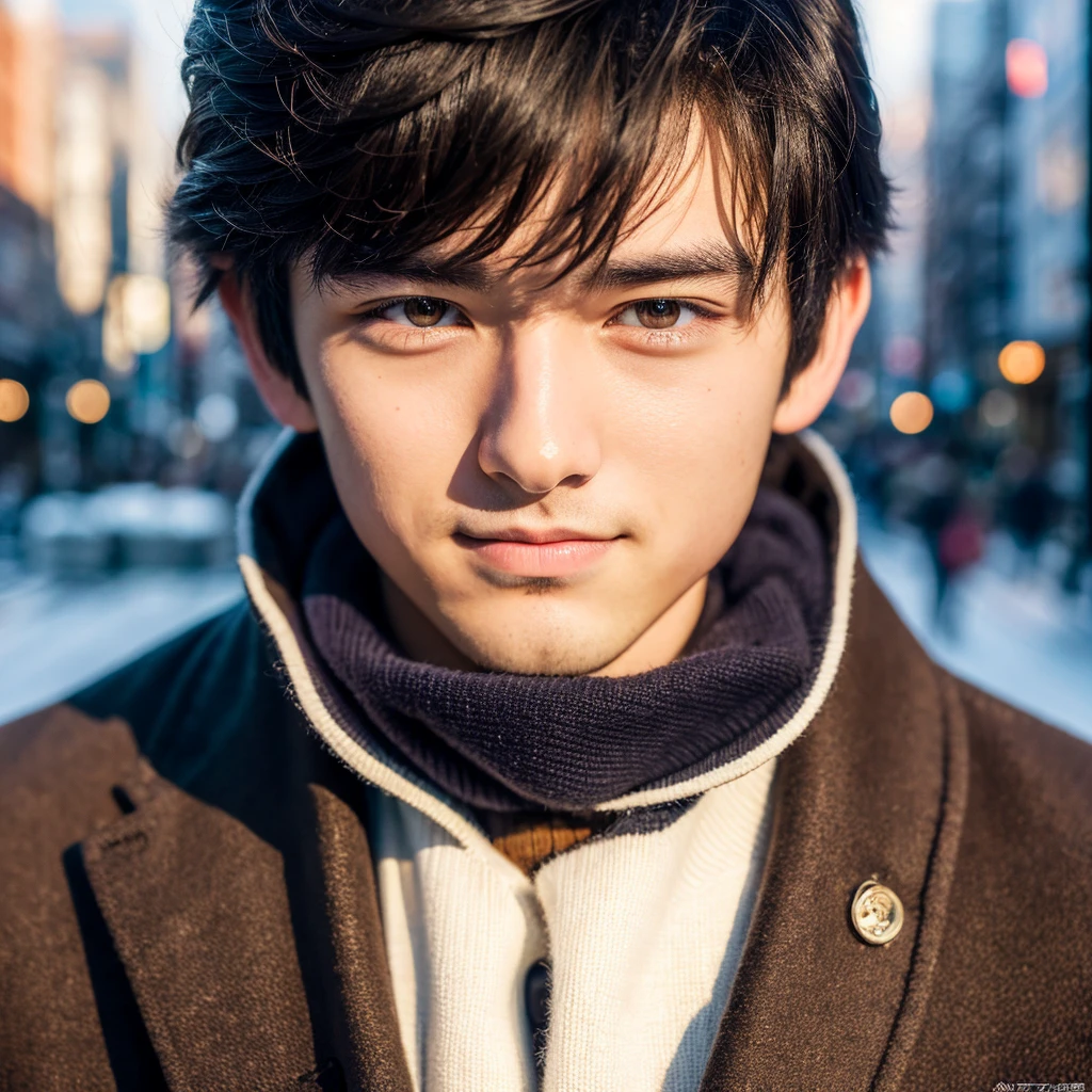 Photorealsitic, 8K full body poster, Beautiful Boys, japanes, An 18-year-old man, A charming expression, detailed face details, TOKYOcty, Winters, Shibuya in the background