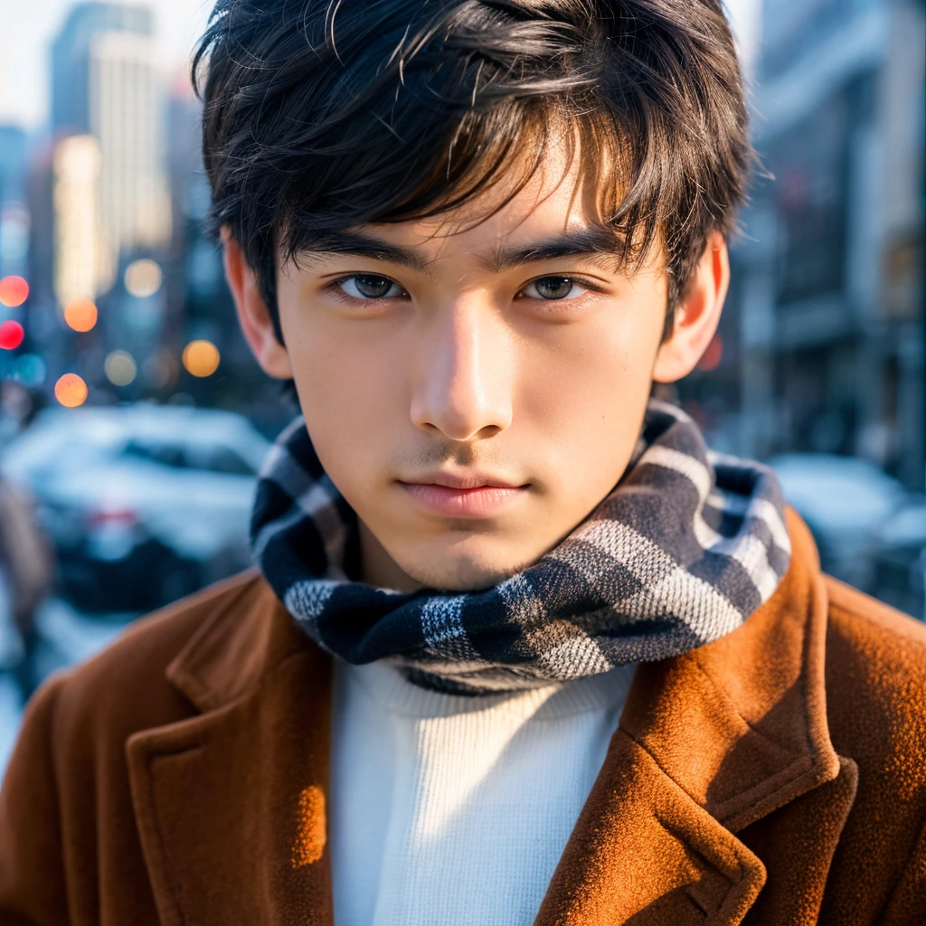 Photorealsitic, 8K full body poster, Beautiful Boys, japanes, An 18-year-old man, A charming expression, detailed face details, TOKYOcty, Winters, Shibuya in the background