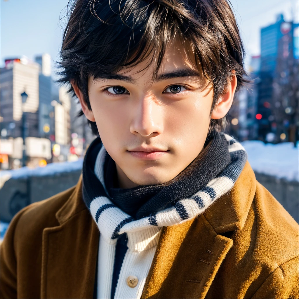 Photorealsitic, 8K full body poster, Beautiful Boys, japanes, An 18-year-old man, A charming expression, detailed face details, TOKYOcty, Winters, Shibuya in the background