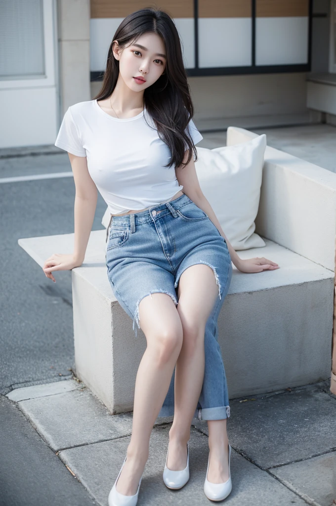 A girl,sit on the floor,Looking at the camera,Blonde short hair,Solid red T-shirt,Blue Jeans,Pure white background,((best quality、8K、masterpiece:1.3))、Ultra-high resolution、(photorealistic:1.4)、RAW photos、Japanese,(Detailed face)、real、Shooting in natural light、Highly detailed face and skin texture、Very detailed lips、The correct state of the human body、Medium Length Hair、Black Hair、Various postures、Natural lipstick