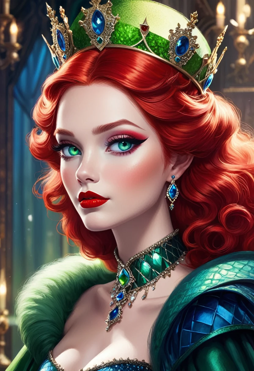 Red Queen，High Fluffy Red Hair，Green eyes，Blue eye shadow，Red lips，Gorgeous crown，Queen&#39;s throne