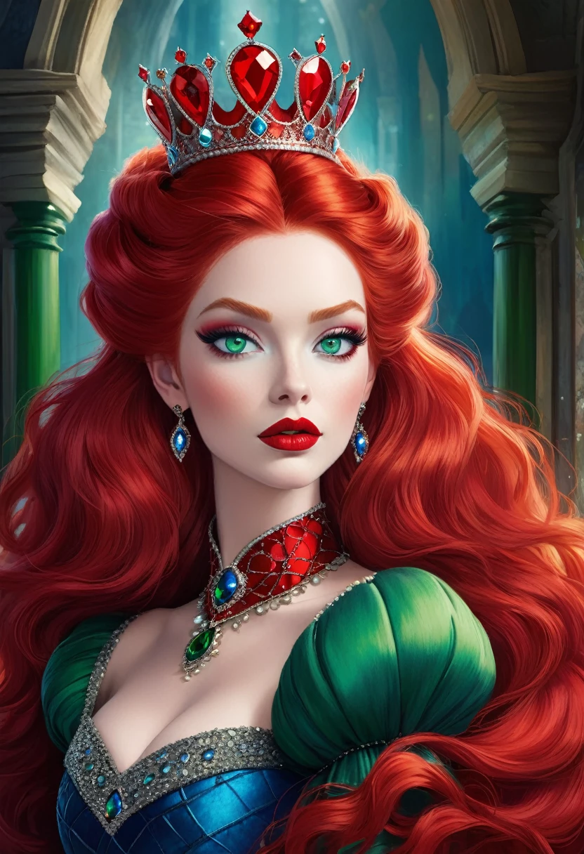 Red Queen，High Fluffy Red Hair，Green eyes，Blue eye shadow，Red lips，Gorgeous crown，Queen&#39;s throne