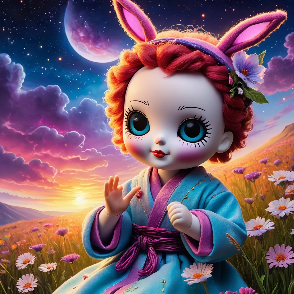 (knitted toy voodoo doll:1.7), (Voodoo Guardian of Enchanted Dawn:1.8), (Clothing: robes of sunrise hues and ethereal morning mists, adorned with dewdrops and shimmering auroras:1.5), (Accessories: staff glowing with the first light of dawn, amulet of dawn's awakening, mask reflecting the colors of daybreak:1.7), (background: magical meadow at dawn with flowers blooming under a painted sky, where the air is filled with the promise of new beginnings:1.6), best quality, masterpiece, detailed soft oil painting, detailed background, dramatic cinematic lighting, soft edge lighting, professional, dramatic lighting, hard edge lighting, ultra quality, 4k,masterpiece, best quality, 8k, ultra highres, highres, extremely detailed