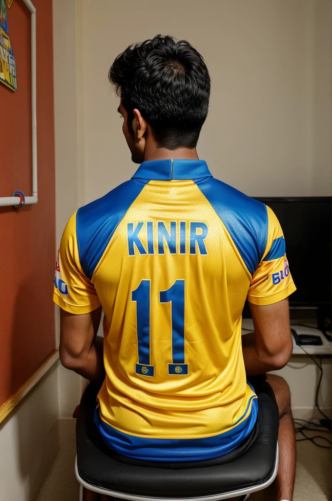 18-year-old boy is sitting in his room  
chair watching a rcb cricket match on TV. The boy's name is " devkumar "
The boy is wearing a Chennai super kings csk  cricket jersey.
The boy's name is written on the back of his jersey. Jersey number 17. Indian jersey on the wall, full hd quality, 4K, back of jersey name devkumar