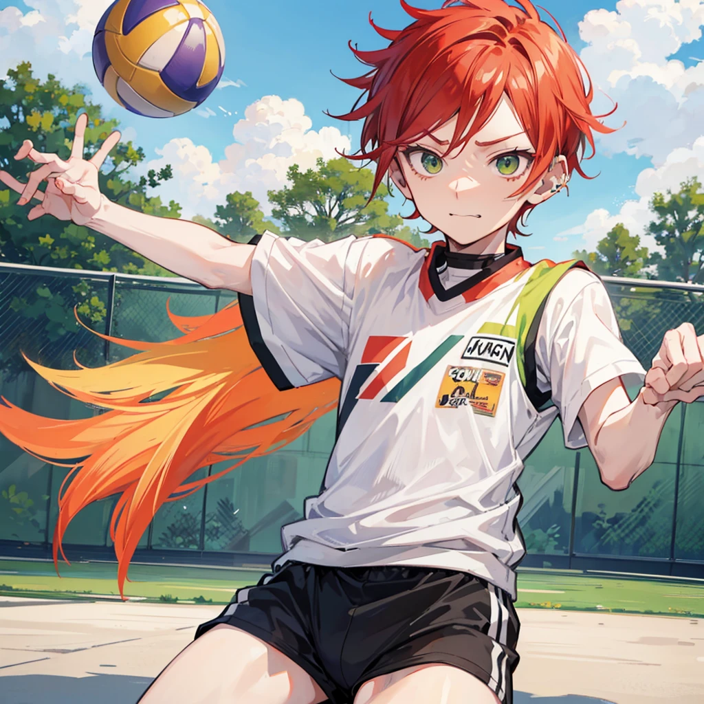 Haikyuu screenshot.
Tall boy, redhead, skinny but with muscles, white with a lower lip piercing on both sides, with green eyes. With an expression of mocking laughter. He is wearing the Karasuno uniform and the volleyball court is in the background.