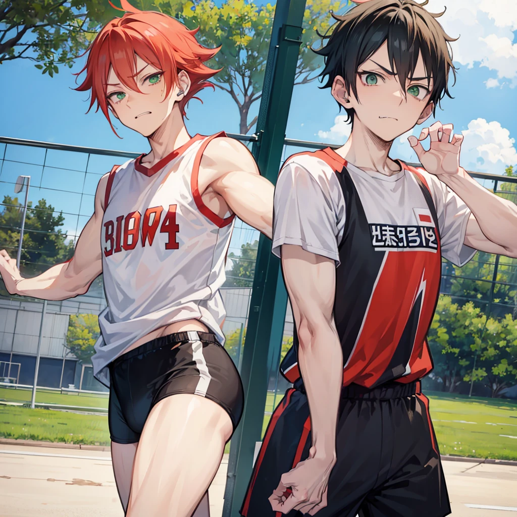 Boy with BLACK Hair, Brown Eyes, Shirtless, Barefoot, Red Shorts, Standing, Gym background