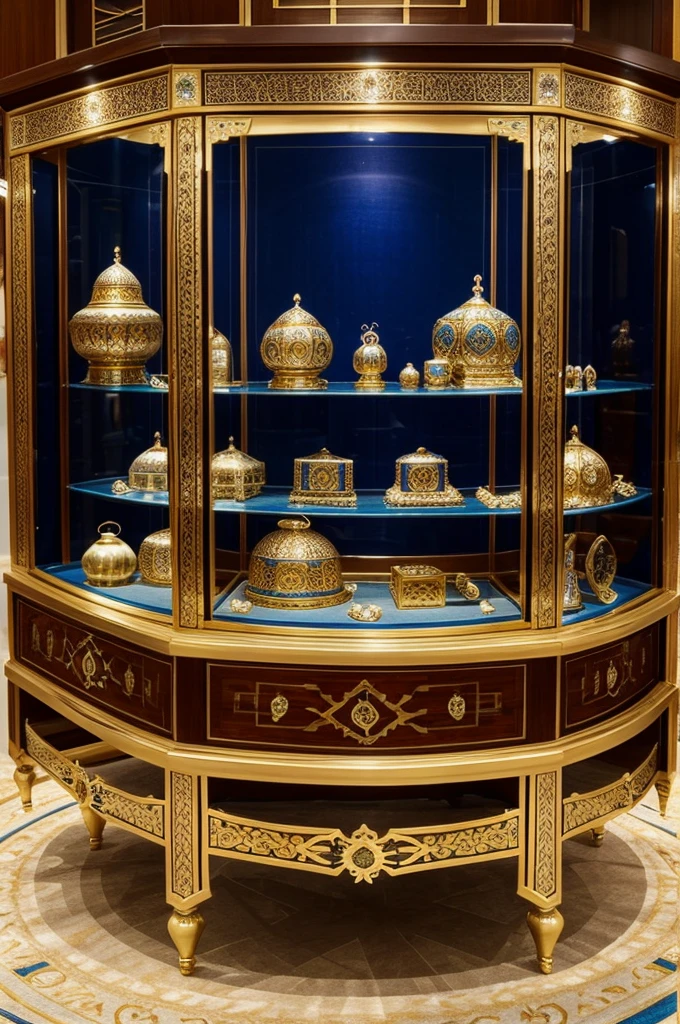 You could design a jewelry display that incorporates Ottoman design elements., like bows and floral details, combined with vibrant colors such as blue and gold. Includes information panels with high-resolution images of your jewelry highlighting the details and fine craftsmanship.