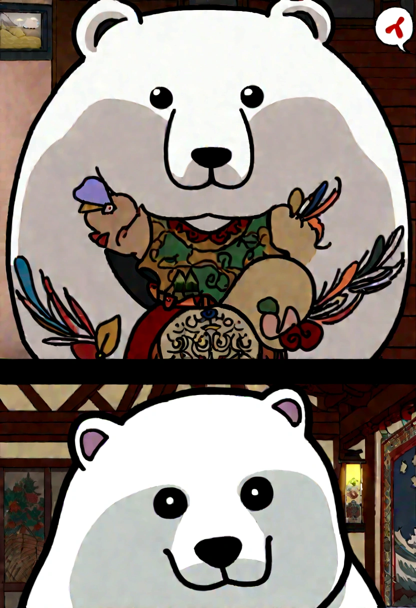 有一只戴着围巾的卡通Polar Bear, Screenshot inspired by Ma Yuanyu, Popular on Reddit, Folk Art, Komono, Polar Bear, Son of Heaven, Chiba Yudai, 1.8, ?. 8, Intermediate metaverse