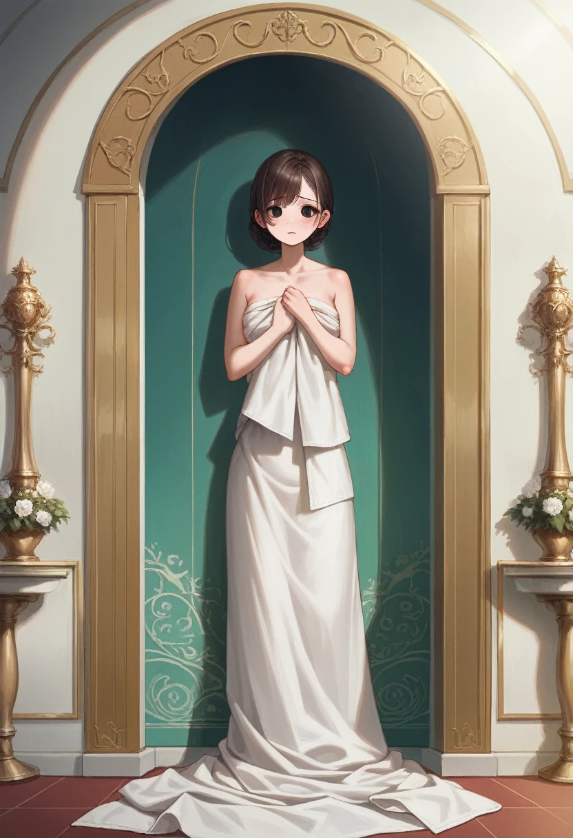 (((masterpiece))), (((best quality))), ((ultra-detailed)), (illustration), ((an extremely delicate and beautiful)),dynamic angle,floating, (beautiful detailed eyes), (detailed light),ultrahigh resolution,shy girl,(brown hair/hirblack eye),a beautiful,(bathroom),((A towel around the body)),very delicate water,(mist),,