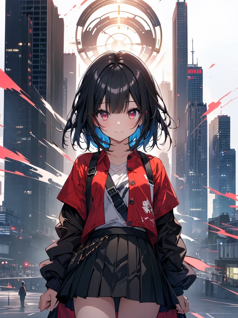 (masterpiece, highest quality, highest quality, (No text), Beautiful and aesthetic:1.2),No text,アニメ、 high resolution BREAK,One Girl,Short black hair Tree Eyes Beautiful eyes Red eyes Cool girl cool smile Red and black coat mini skirt Whole body Detailed eyes and face Night in the city