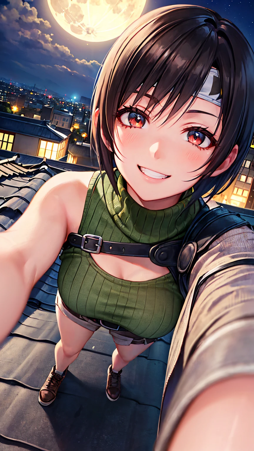 8K quality,(super masterpiece:1.3),Highest quality,Detailed Images,The real picture,Natural lighting,symmetrical beauty,1 female,Yuffie Kisaragi,20-year-old,(微smile,smile,smile),Hairstyle(short hair),head band,turtleneck,No sleeve,(very cute:1.3),background(On the roof,rooftop,night,full moon),(Face directly towards the camera,Looking directly at the viewer,looking at the camera,The body faces the viewer,The body is facing the direction of the camera,Face looking straight into the camera).