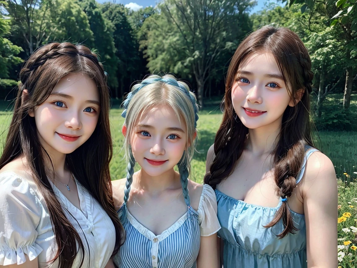 (3 girls), Indonesian baby face, 12 years, smile ,white skin, Round breast, blue eyes, meadow,Red braided dress, silver hair, 8K, The details are very realistic....., The best of photography ((round chest)