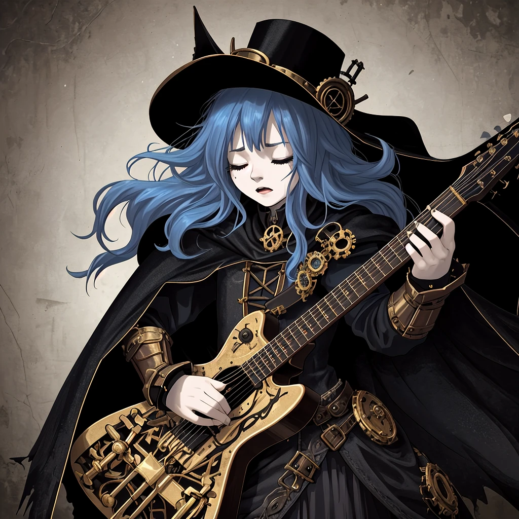 Dark fantasy style，I think the background is mainly blue in Gothic style.，A 22-year-old rock youth with long flowing hair who loves playing guitar，death metal，Wearing a fluffy cape，Close-up of face from upward angle，Close your eyes and indulge in the expression，Show temperament and charm，Steampunk style high-tech equipment，Brass Machinery，There&#39;s smoke behind，occultism，Photography top lighting，The smoke creates a hazy layered feeling，Contemporary oil painting effect，Freehand large brushstrokes，Highly artistic expression。