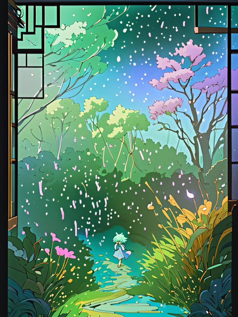 Attic top view:Jiangnan,Jiangnan街道,Ancient courtyard,All the windows are brightly lit,Brightly lit,Illuminate the entire picture;Like Wonderland;There is a green plum tree in the upper left corner,Flowers。Poster illustration,comics。Overall white,Fresh and elegant,Ultra-high resolution。Style consistency;Exquisite game illustration style,Colorful transparent wind chimes;The background is light green,Features scattered tiny petals,The stars sparkle,Captures the dreamy atmosphere of a fairytale world,Soft pastel shades,Light yellow-green color scheme,Reminiscent of Hayao Miyazaki's style。
