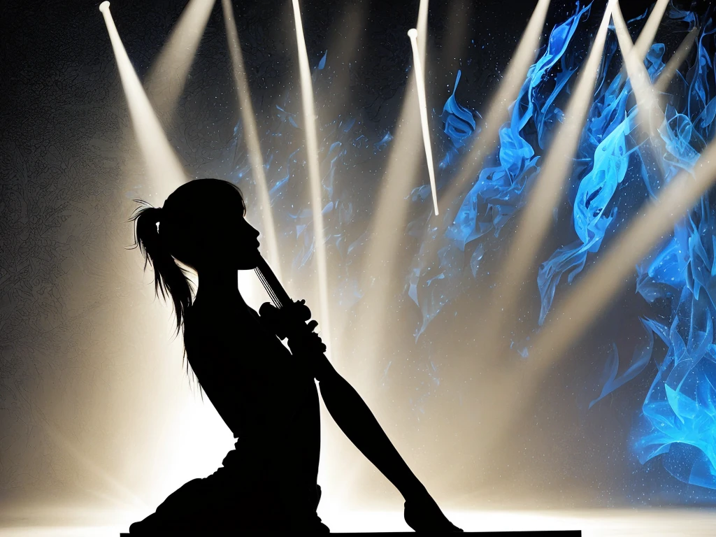 Scenes with changing light and shadow，Silhouette of a 15-year-old long-haired beautiful girl playing the violin against a Klein blue background、Outlines or abstract shapes，Vignette，Add a sense of layering through light projection and stage smoke effects、Atmosphere and three-dimensionality，Character background and foreground have smoke effect，Highlight the silhouette effect of the backlight，Very immersive and artistic。