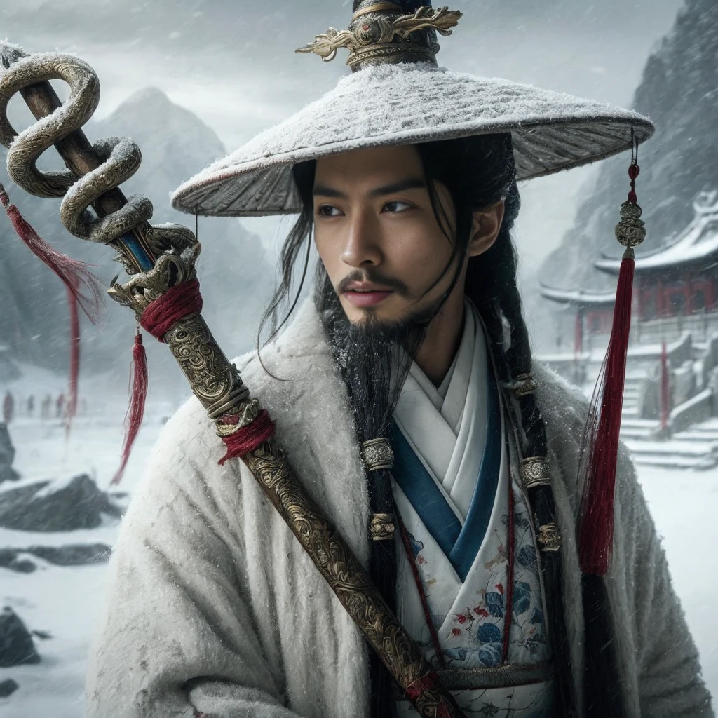 (Masterpiece:1.2), (Best Quality:1.2), (high resolution:1.2), (beautiful face and eye:1.2), (sharpest focus:1.2), (Ultra-realistic Photo:1.2), (Ultra-precise Photo:1.2), (Depth of field:1.2), (perfect anatomy:1.2), (nice hands:1.2),
(perfect hands:1.2), (five fingers:1.2), (Young, fearless, beautiful, shady Chinese man:1.0), (Lonely Chinese warrior with spear:1.0), (Neatly trimmed short beard and tied hair:1.0), (Blazing Chinese period drama style fortress:1.0),
(long spear with serpentine blade and ornate decoration:1.0), (white tsubakuhiro cap and cloak:1.0), (white armor with red, blue, and yellow coloring:1.0), (snowstorm:1.0), (melancholy expression:1.0), (picturesque standing figure:1.0),