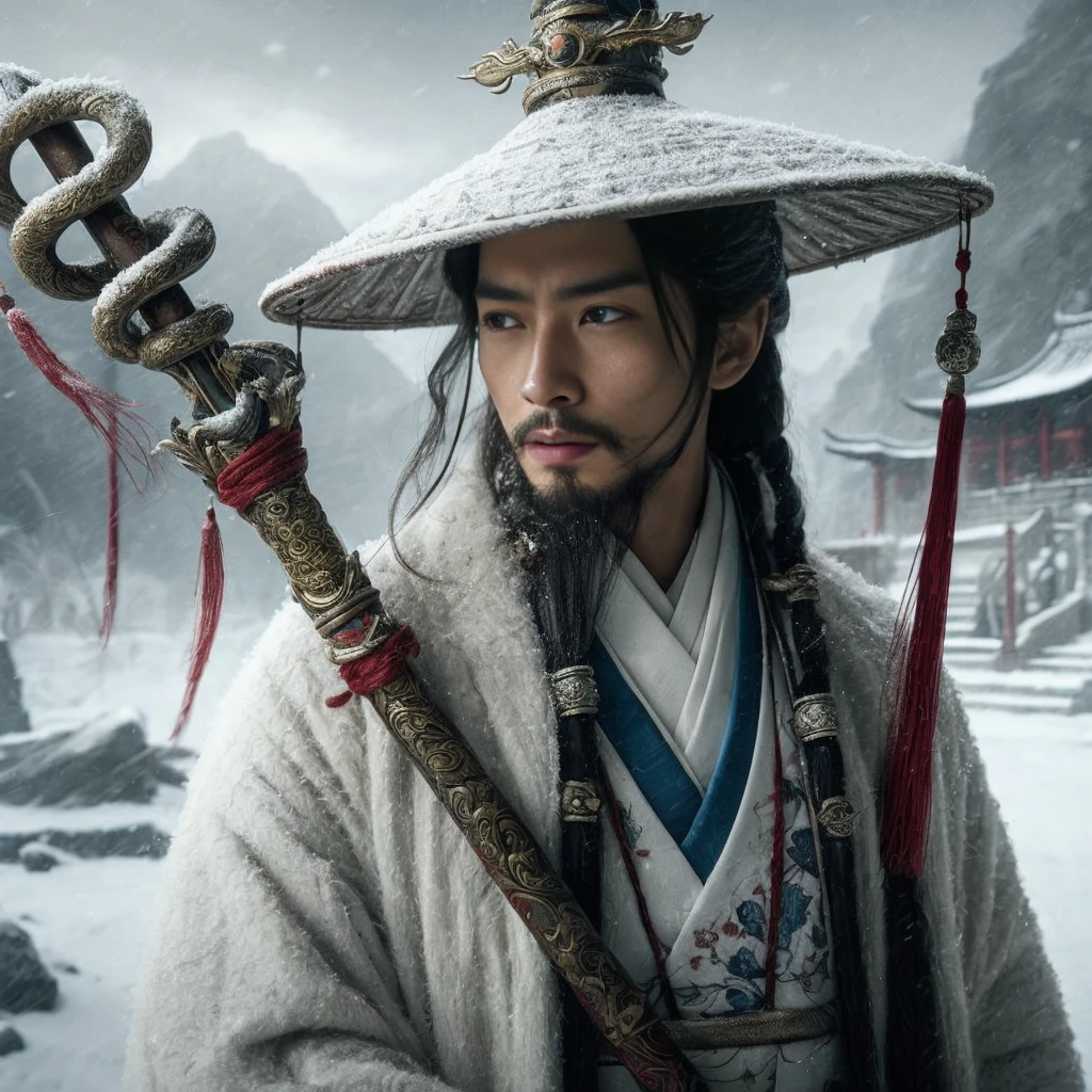 (Masterpiece:1.2), (Best Quality:1.2), (high resolution:1.2), (beautiful face and eye:1.2), (sharpest focus:1.2), (Ultra-realistic Photo:1.2), (Ultra-precise Photo:1.2), (Depth of field:1.2), (perfect anatomy:1.2), (nice hands:1.2), 
(perfect hands:1.2), (five fingers:1.2), (Young, fearless, beautiful, shady Chinese man:1.0), (Lonely Chinese warrior with spear:1.0), (Neatly trimmed short beard and tied hair:1.0), (Blazing Chinese period drama style fortress:1.0), 
(long spear with serpentine blade and ornate decoration:1.0), (white tsubakuhiro cap and cloak:1.0), (white armor with red, blue, and yellow coloring:1.0), (snowstorm:1.0), (melancholy expression:1.0), (picturesque standing figure:1.0),
