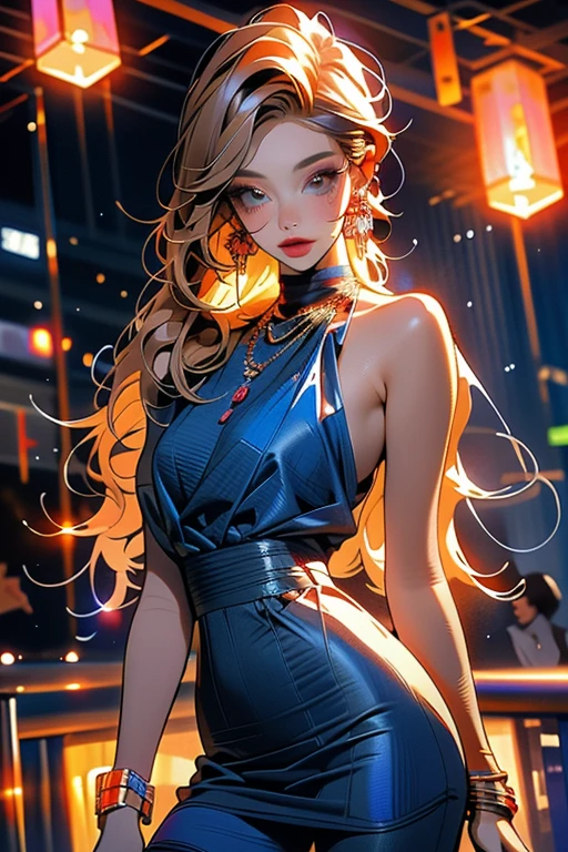 Girl wearing a modern dress, perfect, elegant, beautiful, bright neon colors, very detailed, high resolution, reddish lips, neon brown eyes, lights, modern, classy and stunning 