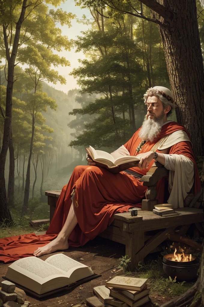 Emperor Marcus Aurelius reading a book while resting in a forest, as he warms himself by a campfire.